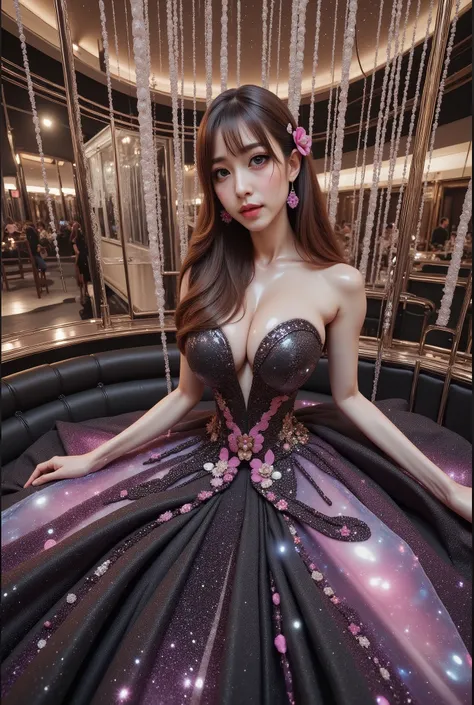 A beautiful Asian idol girl with white skin, douyin-style makeup face, eyelashes, With fake giant breasts, blue eyes, shiny body, wet body, wearing a tight strapless dress that presses the breasts, with a sexy and slim body, a small waist, Shiny clothing, ...