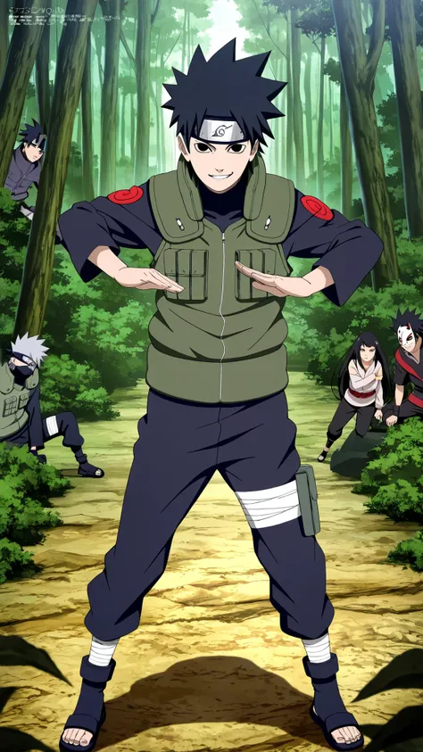 1boy,(Wearing a white Kabuki mask), anime characters in green vests and black pants standing in a forest, itatchi uchiha, kakashi hatake, kakashi, sasuke uchiha, choke smirk smile grin, itachi uchiha, itachi, detailed anime, highley detailled face, akatsuk...