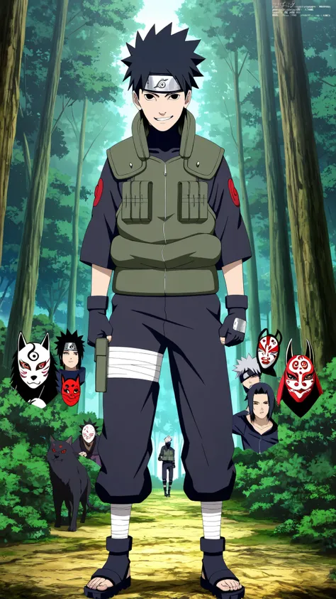1boy,(Wearing a white Kabuki mask), anime characters in green vests and black pants standing in a forest, itatchi uchiha, kakashi hatake, kakashi, sasuke uchiha, choke smirk smile grin, itachi uchiha, itachi, detailed anime, highley detailled face, akatsuk...