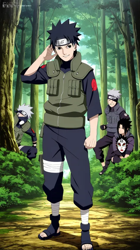 1boy,(Wearing a white Kabuki mask), anime characters in green vests and black pants standing in a forest, itatchi uchiha, kakashi hatake, kakashi, sasuke uchiha, choke smirk smile grin, itachi uchiha, itachi, detailed anime, highley detailled face, akatsuk...