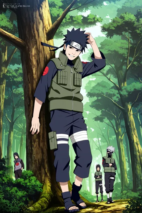 1boy,(Wearing a white Kabuki mask), anime characters in green vests and black pants standing in a forest, itatchi uchiha, kakashi hatake, kakashi, sasuke uchiha, choke smirk smile grin, itachi uchiha, itachi, detailed anime, highley detailled face, akatsuk...