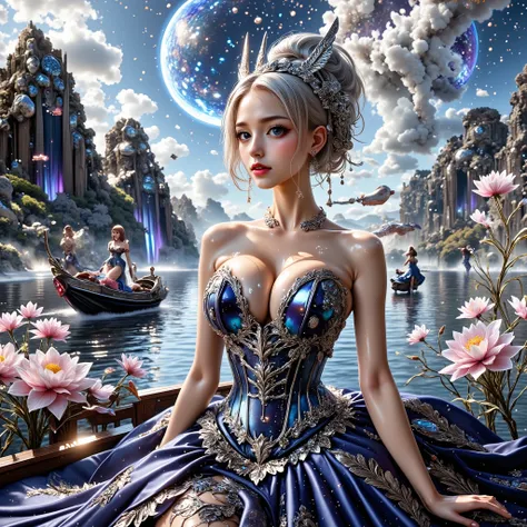 A beautiful Asian idol girl with white skin, douyin-style makeup face, eyelashes, With fake giant breasts, blue eyes, shiny body, wet body, wearing a tight strapless dress that presses the breasts, with a sexy and slim body, a small waist, Shiny clothing, ...
