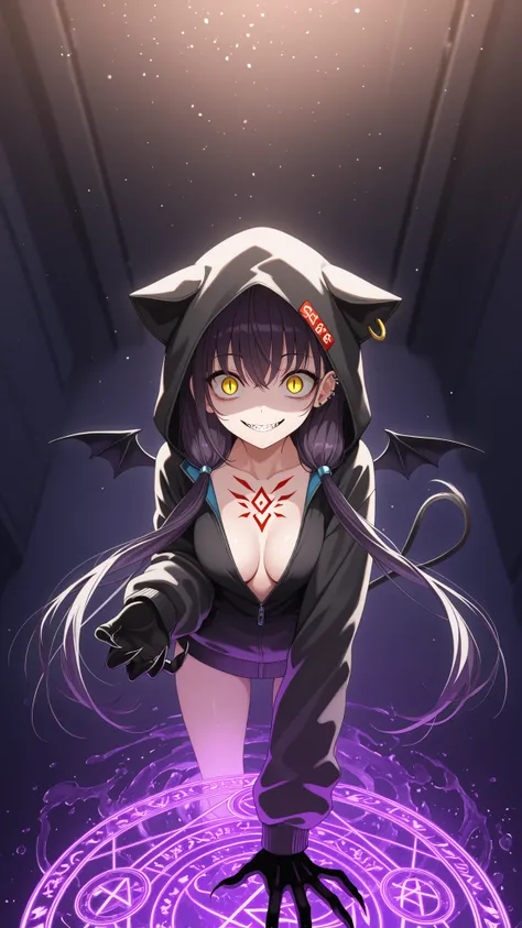 Masterpiece , Highest Quality , Super Detailed , score_9 , score_7_up , 1 woman ,(Asakura Karen),(Murderer's face),(Crazy Eyes),long hair、bungs、twin tails、yellow eyes、dark haired、低いtwin tails、medium breasts、full bang、鈍いbungs, slit pupils, Mini Wing, sharp ...