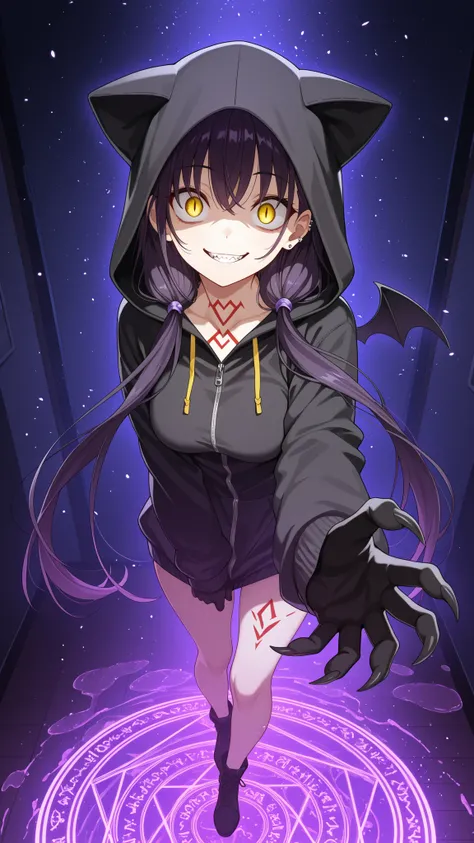 Masterpiece , Highest Quality , Super Detailed , score_9 , score_7_up , 1 woman ,(Asakura Karen),(Murderer's face),(Crazy Eyes),long hair、bungs、twin tails、yellow eyes、dark haired、低いtwin tails、medium breasts、full bang、鈍いbungs, slit pupils, Mini Wing, sharp ...