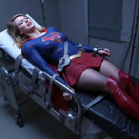 Supergirl is loss of conscious on the bed in the laboratory, she has a very bright white skin, can see whole body, She is wearing a thin black pantyhose, very short red skirt, torn clothes, red knee height long boots, blonde hair, handcuffed to the bed, re...