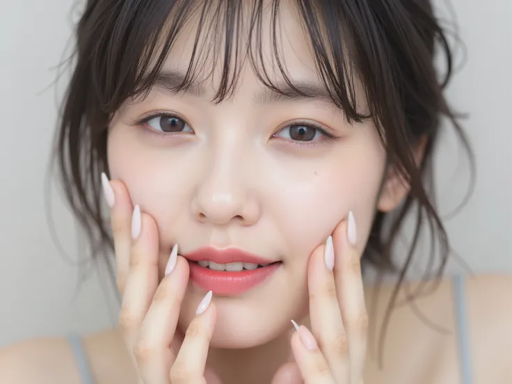 (Refined from an old photo, recreated in a modern, ultra high-quality photorealistic style, with a trendy Reiwa-era hairstyle: soft semi-long hair with natural waves and airy see-through bangs),
Ultra photorealistic close-up portrait of a beautiful Japane...