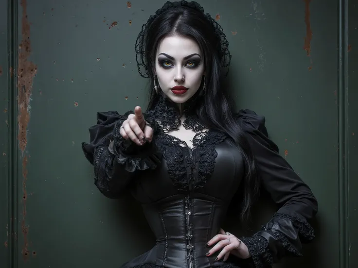 Masterpiece, best quality, extremely Beautiful face, glossy bold lips, black smoky eyeshadow, heavy eyelashes, A gothic portrait photograph of a young woman in a Victorian-style black dress against a dark green textured background. The dress features a cor...