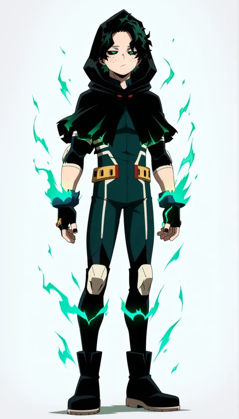 ((Highest Quality)), ((Simple Light Grey Background)), (My Hero Academia Style), standing, 1boy, Male, teenage Male, solo, slim body, slender body, tall body, standing, Full Body, Very Pale skin, very pale-skinned, very pale-skinned male, dark Green hair, ...