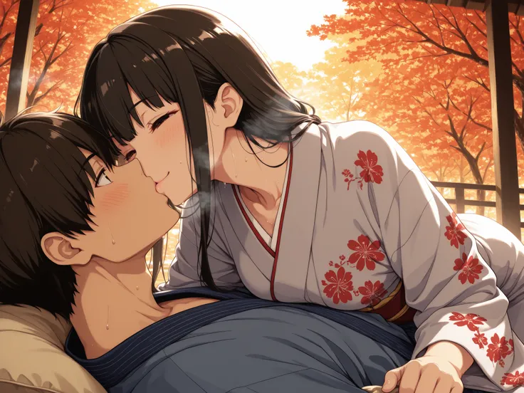 Woman in Japanese Kimono,和服, kimono,黒髪ロング,early 40s woman,early 30s man ,神社の境内 ,秋の紅葉, ultra-aesthetic, anime style, smile,{best quality}, {very aesthetic}, {ultra-detailed}, {best illustration},nsfw,秋,{{紅葉}},こちらを向く,胸をはだけずきちんと着物を着る, girl, being invited, aut...