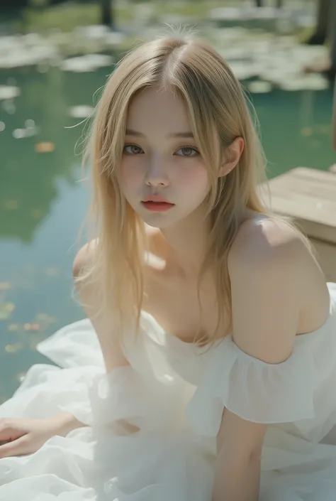 ( Highest Quality、8K、masterpiece:1.3)、 beautiful women、、Sexually:1.1、 Wet Blonde :1.1、）、(close your eyes）, very detailed face 、 lips 、 detailed snow、 double eyelids、( white wet transparent dress with open shoulders)、( She's Wet )、( Lying down in a lakeside...