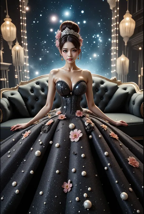 A beautiful Asian idol girl with white skin, douyin-style makeup face, eyelashes, With fake giant breasts, blue eyes, shiny body, wet body, wearing a tight strapless dress that presses the breasts, with a sexy and slim body, a small waist, Shiny clothing, ...