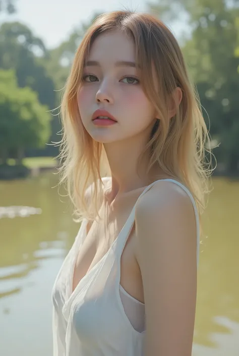 ( Highest Quality、8K、masterpiece:1.3)、 beautiful women、、Sexually:1.1、 Wet Blonde :1.1、）、(close your eyes）, very detailed face 、 lips 、 detailed snow、 double eyelids、( pink nipples are transparent ）、( white wet transparent dress with open shoulders)、( She's...