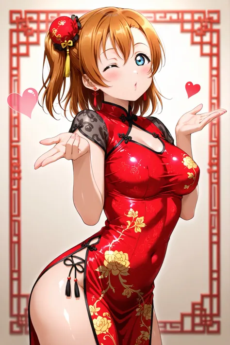 Love live, shiny skin, sheer fabrics,Kousaka honoka, sexy Chinese dress,blowing kiss, heart, tight dress, covered breasts , wink,from side 