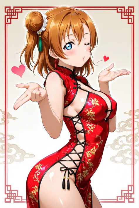 Love live, shiny skin, sheer fabrics,Kousaka honoka, sexy Chinese dress,blowing kiss, heart, tight dress, covered breasts , wink,from side , (revealing clothes:1.2), arched back , cross laced side