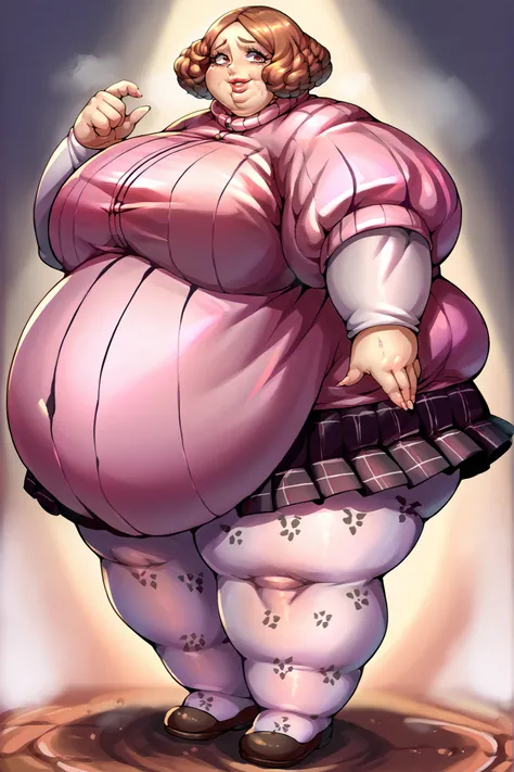 score_9, score_8_up, score_7_up, source_anime, BREAK 1girl, looking at you, smile, defHaru, short hair, pink ribbed sweater, turtleneck sweater, short over long sleeves, plaid skirt, pleated skirt, print pantyhose, giant hands, giant feet, fat, chubby, obe...