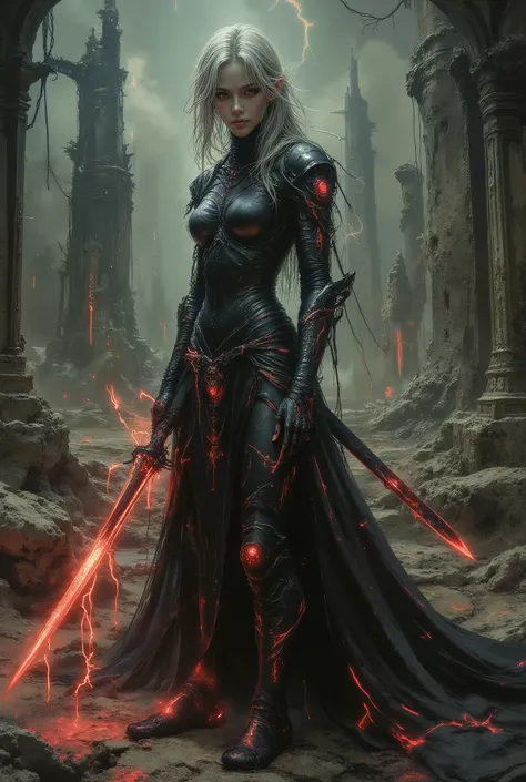 A graceful Asian female elf sorceress. She has an extremely slim hourglass body. She is clad in tight dark layered plasma armor. Her silver-white hair contrasts sharply with the black elements of her armor. She holds a katana and a glowing ball of intense ...