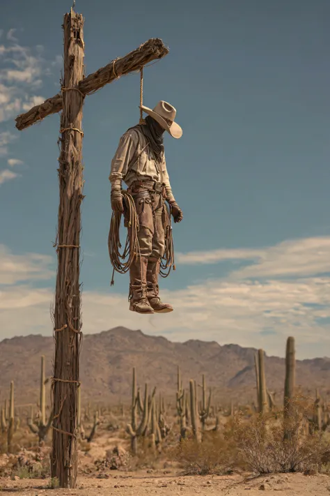 Cutthroat cowboy hillbilly killers on horseback watch a man hang from a noose. He kicks and chokes to death from a make-shift hangman's post he was pulled up onto so that his neck would not break and he would die slowly. Photo-realistic, desert setting, ul...