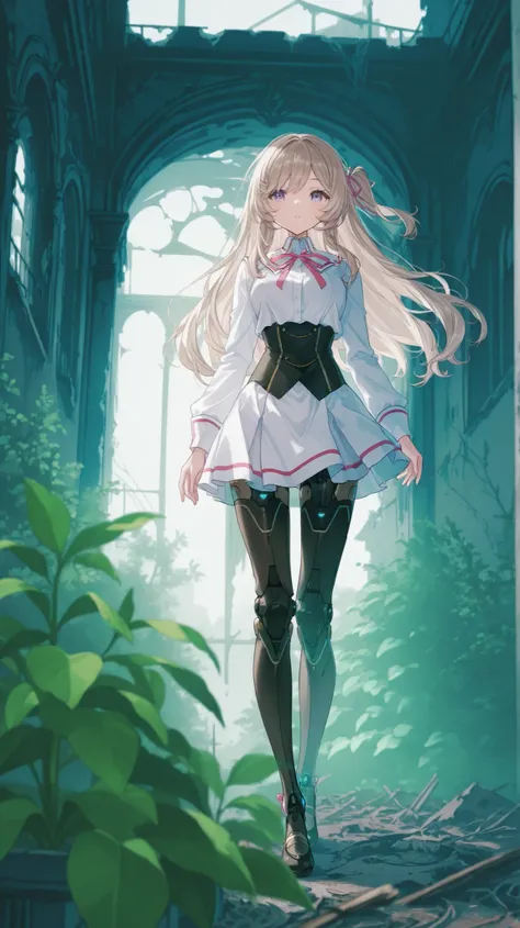 Abandoned Castle Garden、bright light、lots of plants、Vivid Flowers々，Girl Standing、Close-up of a high school girl、Only nature moves is a girl-type android buried in