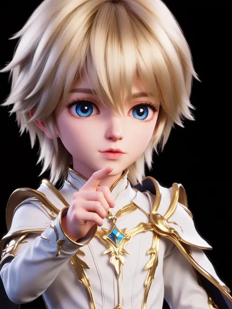 CGI rendering: 3D chibi version of a handsome young man with big blue eyes and shaggy blond hair, wearing ornate white clothes with gold armor and shoulder plates. He is speaking or answering a question and making a poiting gesture with his hand. Highly d...