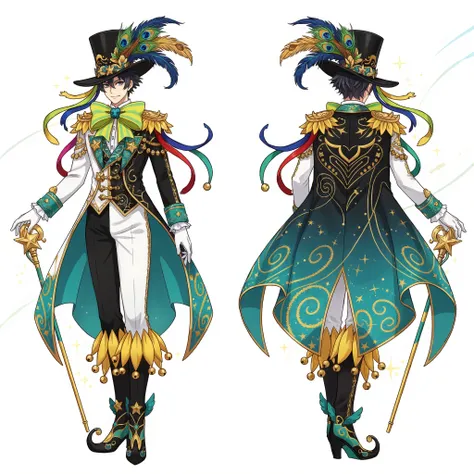 A flamboyant fantasy male character outfit inspired by a circus ringmaster and jester design, illustrated in vibrant anime-style. The outfit includes a tall black top hat decorated with colorful ribbons and feathers, a fitted white and black suit jacket wi...