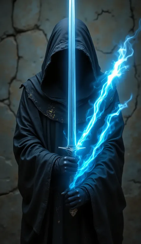 close up, a mysterious, hooded figure holding a large glowing sword. The style is dark and atmospheric, with a focus on shadows and light. The figure is cloaked in a tattered, dark robe that obscures its face, creating an enigmatic and ominous presence. Th...