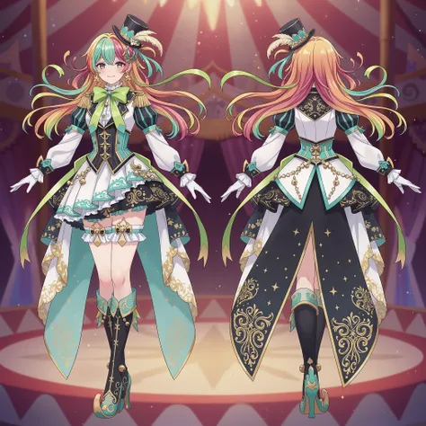 A flamboyant fantasy female character outfit inspired by a circus ringmaster and jester design, illustrated in vibrant anime-style. The outfit features a fitted, short tailored jacket in white and black with gold trimming and teal accents, flaring slightly...
