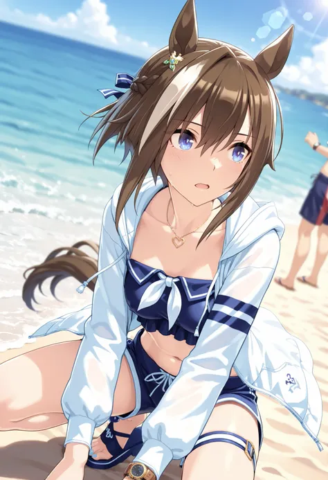 masterpiece, Highest Quality, very high resolution,Super Detailed,Floating Hair,brown hair,nsfw, Nipple bulges under clothes, Watch Viewers,
Cheval Grand (Uma Musume), 1girl, horse ears, Jirio Mahonoji, Blue Claws, blue beach sandal, belly button, blue swi...