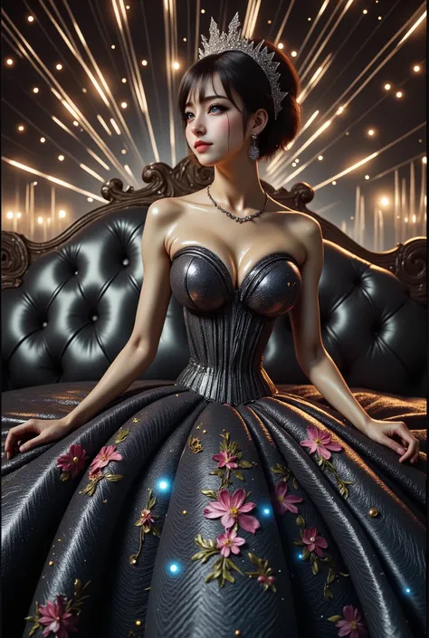 A beautiful Asian idol girl with white skin, douyin-style makeup face, eyelashes, With fake giant breasts, blue eyes, shiny body, wet body, wearing a tight strapless dress that presses the breasts, with a sexy and slim body, a small waist, Shiny clothing, ...