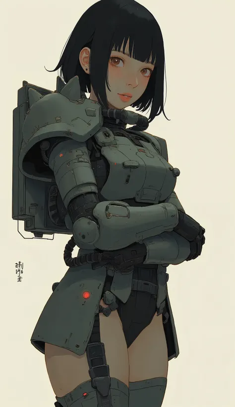 Woman wearing zaku armor, front、Zaku, dynamic action poses like the god of death has、arm-fold、standing confidently ,off-white, Zaku, Female Mecha, Japanese Mecha, Macross's style, Mecha Girl、dark haired、full bangs、popular hair、BIG BREASTS、zaku、simple white...
