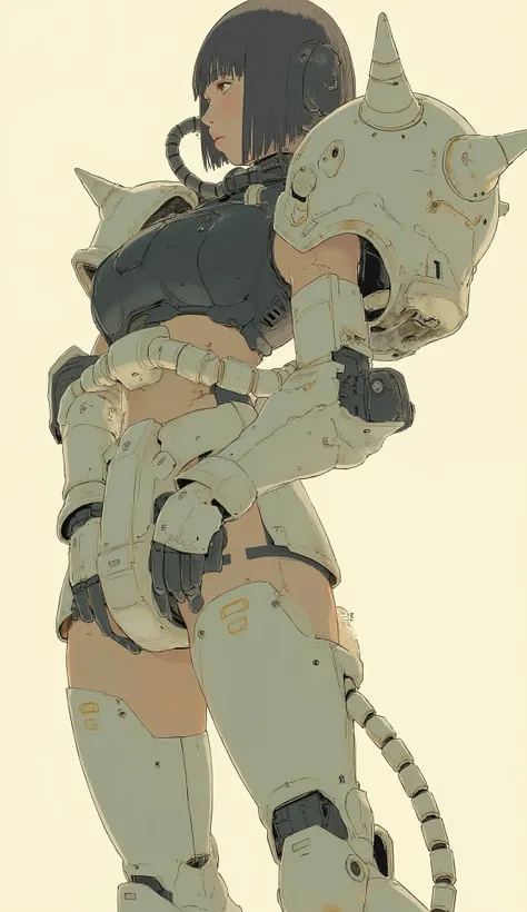 Woman wearing zaku armor, front、Zaku, Dynamic Action Poses、arm-fold、standing confidently ,off-white, Zaku, Female Mecha, Japanese Mecha, Macross's style, Mecha Girl、dark haired、full bangs、popular hair、BIG BREASTS、zaku、simple white background、upper body、