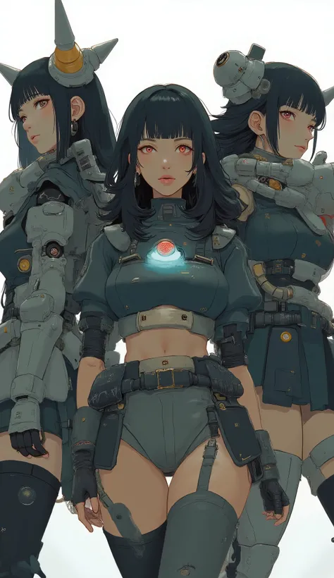Close up of three women wearing zaku armor, front、Zaku, dynamic action poses、standing confidently ,shining scale-like skin, Zaku, Female Mecha, Japanese Mecha, Macross's style, Mecha Girl、dark haired、full bangs、popular hair、BIG BREASTS、zaku、simple white ba...