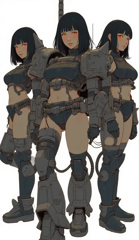 A group of 3 women wearing zaku armor, front、Zaku, dynamic action poses、standing confidently ,shining scale-like skin, Zaku, Female Mecha, Gundam style,Japanese anime、dark haired、full bangs、popular hair、BIG BREASTS、zaku、simple white background