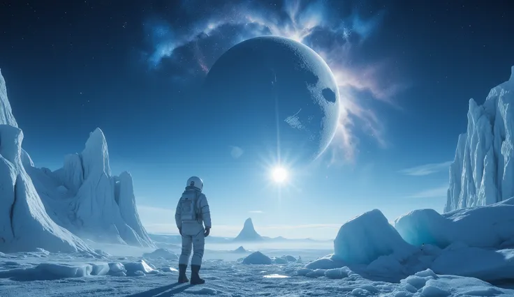 An astronaut stands on the frozen surface of an exoplanet, gazing up at a shattered moon suspended in the sky. Jagged ice formations surround the figure, illuminated by the pale light of a distant blue sun. Above, a swirling galaxy dominates the sky, casti...