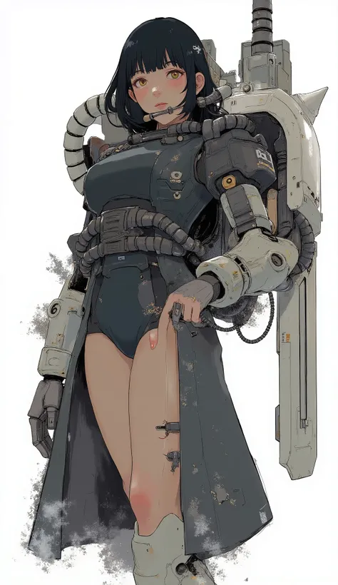 Woman wearing zaku armor, front、Zaku、karate poses、standing confidently ,shining scale-like skin, Zaku, Female Mecha, Gundam style,Japanese anime、dark haired、full bangs、popular hair、BIG BREASTS、zaku、simple white background