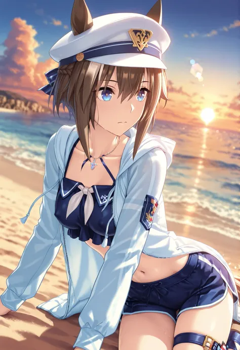 masterpiece, Highest Quality, very high resolution,Super Detailed,Floating Hair,brown hair,nsfw, Nipple bulges under clothes, Watch Viewers,((sunset, dark)),
Cheval Grand (Uma Musume), 1girl, horse ears, blue eyes, Jirio Mahonoji, Blue Claws, blue beach s...