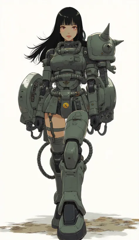 Woman wearing zaku armor, front、Zaku、running off the floor、standing confidently ,shining scale-like skin, Zaku, Female Mecha, Gundam style,Japanese anime、dark haired、full bangs、popular hair、BIG BREASTS、zaku、simple white background