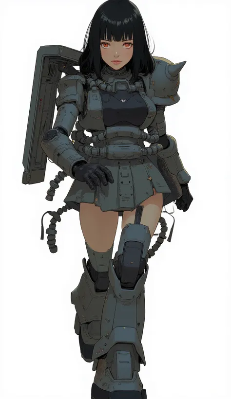 Woman wearing zaku armor, front、Zaku、is running、standing confidently ,shining scale-like skin, Zaku, Female Mecha, Gundam style,Japanese anime、dark haired、full bangs、popular hair、BIG BREASTS、zaku、simple white background