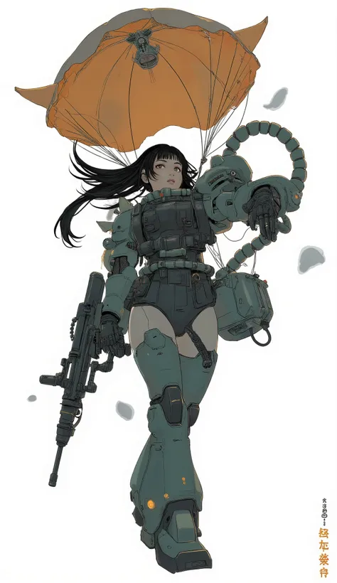 Woman wearing zaku armor, front、Zaku、Descending with a parachute、Hold up a retro machine gun、standing confidently ,shining scale-like skin, Zaku, Female Mecha, Gundam style,Japanese anime、dark haired、full bangs、popular hair、BIG BREASTS、zaku、simple white ba...