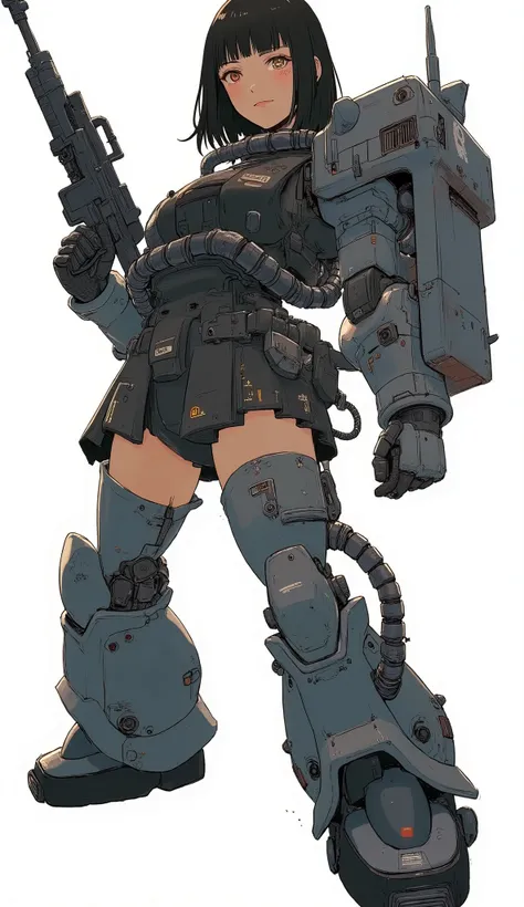 Woman wearing zaku armor, front、Zaku、Hold up a retro machine gun and advance while being alert、standing confidently ,shining scale-like skin, Zaku, Female Mecha, Gundam style,Japanese anime、dark haired、full bangs、popular hair、BIG BREASTS、zaku、simple white ...