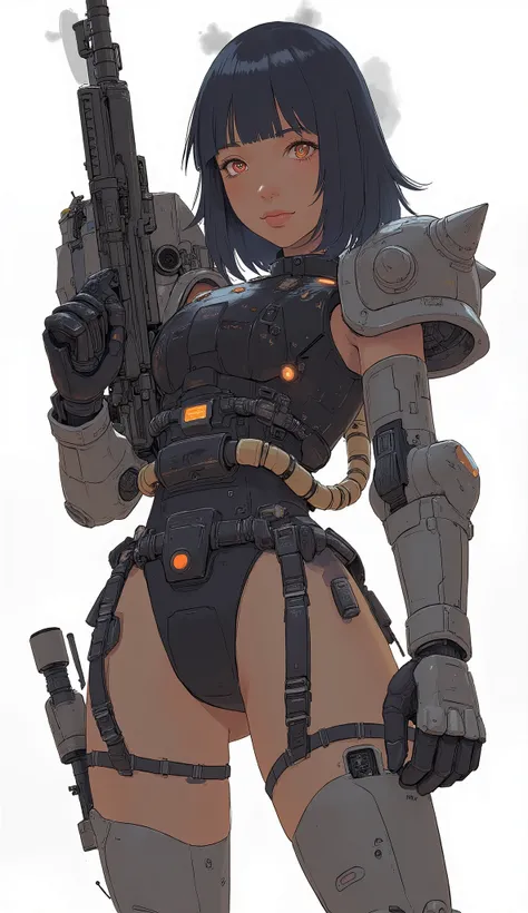 Woman wearing zaku armor, front、Zaku、Hold up a retro machine gun and advance while being alert、standing confidently ,shining scale-like skin, Zaku, Female Mecha, Gundam style,Japanese anime、dark haired、full bangs、popular hair、BIG BREASTS、zaku、simple white ...