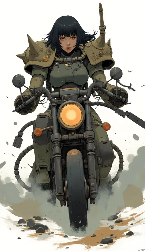 Woman wearing zaku armor, front、Zaku、Run fast on a retro military motorcycle、standing confidently ,shining scale-like skin, Zaku, Female Mecha, Gundam style,Japanese anime、dark haired、full bangs、popular hair、BIG BREASTS、zaku、simple white background
