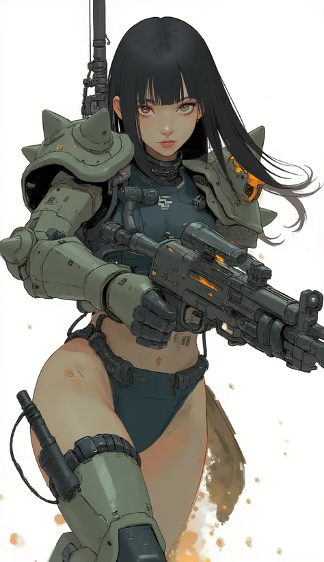 Woman wearing zaku armor, front、Zaku、Hold up a retro rifle and advance while being alert、dynamic action poses like the god of death has ,shining scale-like skin, Zaku, Female Mecha, Gundam style,Japanese anime、dark haired、full bangs、popular hair、BIG BREAST...