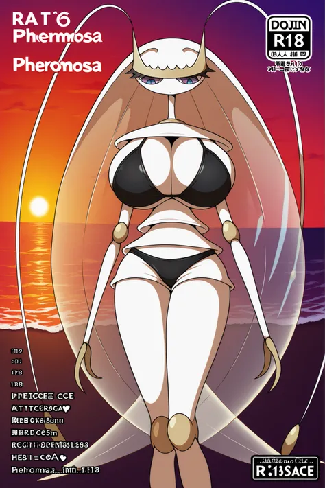 ((Pheromosa from Pokemon)), White Body, Beach Background, Sunset,{{hyper Breasts}}, Wide Hips, Thin Waist, Very Thin Waist, ((Wasp Waist)), Solo, Aerial View, vibrant colors, cel shading, Simplistic Art Style, solo,black bikini ,(((rating_safe:1.4)))