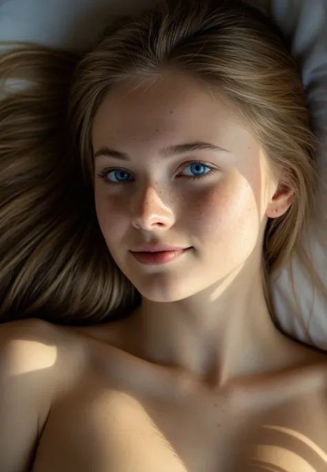 masterpiece,  ultra realistic , Photo, stunning beautiful 17 year old girl, (slavic girl:1.3), naked, , Photo верхней части тела, extra long hair, tender body, Little face, slim, blue eyes, naked, Lying on my stomach, chin lying on arms, subtle backlight d...