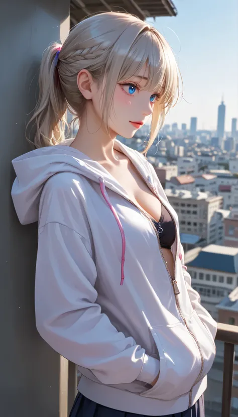 Masterpiece, High Quality, Highly Aesthetic, Absurd, Latest, (Realistic), 1girl, The girl is lost in thought, with the nightscape as her backdrop at dusk. A side view of the girl gazing down at the nightscape, a photograph of her pensive silhouette at twil...