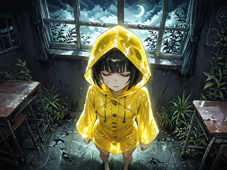 Six \(Little Nightmares\) A young female A young girl in a yellow raincoat, She wears a bright yellow raincoat that ends just above her knees with three buttons, two pockets, and a rhombus-shaped hood. appearing to be between 8-10 years old. she has messy ...