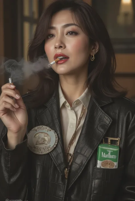 Beautiful mature woman, 45 years old, (Smoking: 0.8), (Holding a cigarette in her mouth), SEX, ((((Ultra-realistic image of a green and white Marlboro Menthol box))), ((Holding a Marlboro Menthol box in her hand), ((Placing a Marlboro Menthol box in her br...