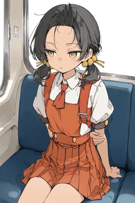 ,(kaaiyuki-default,kaai yuki,yellow eyes,black hair,short low twintails,) 、soft touch、cute girl、Draw a bearded seat and place your hands behind your back。