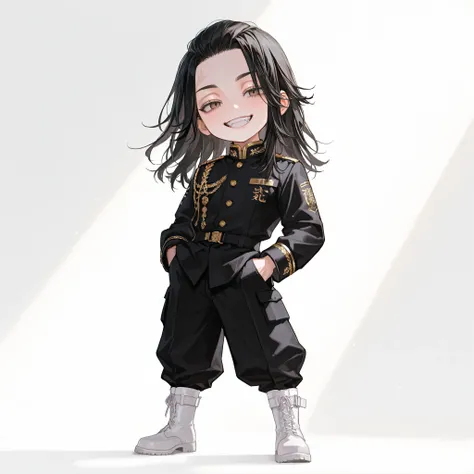 Full body, standing pose, SD, chibi character, cool, solo, one boy, handsome, beautiful young man, cute round face, black hair, shoulder-length hair, loose straight hair, side part, exposed forehead, brown eyes, vertical pupils, slanted eyes, narrow eyes, ...