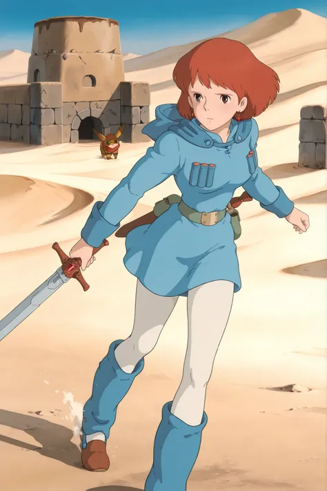 (Masterpiece, top quality, 8k, High quality anime, detailed and accurate anime poster, Studio Ghibli style, High sense), Nausicaa, 1girl, very beautiful, ((solo shoot)), Single Shoot, very cute, (adorable face, very kind ness), wandering wide desert, wind ...